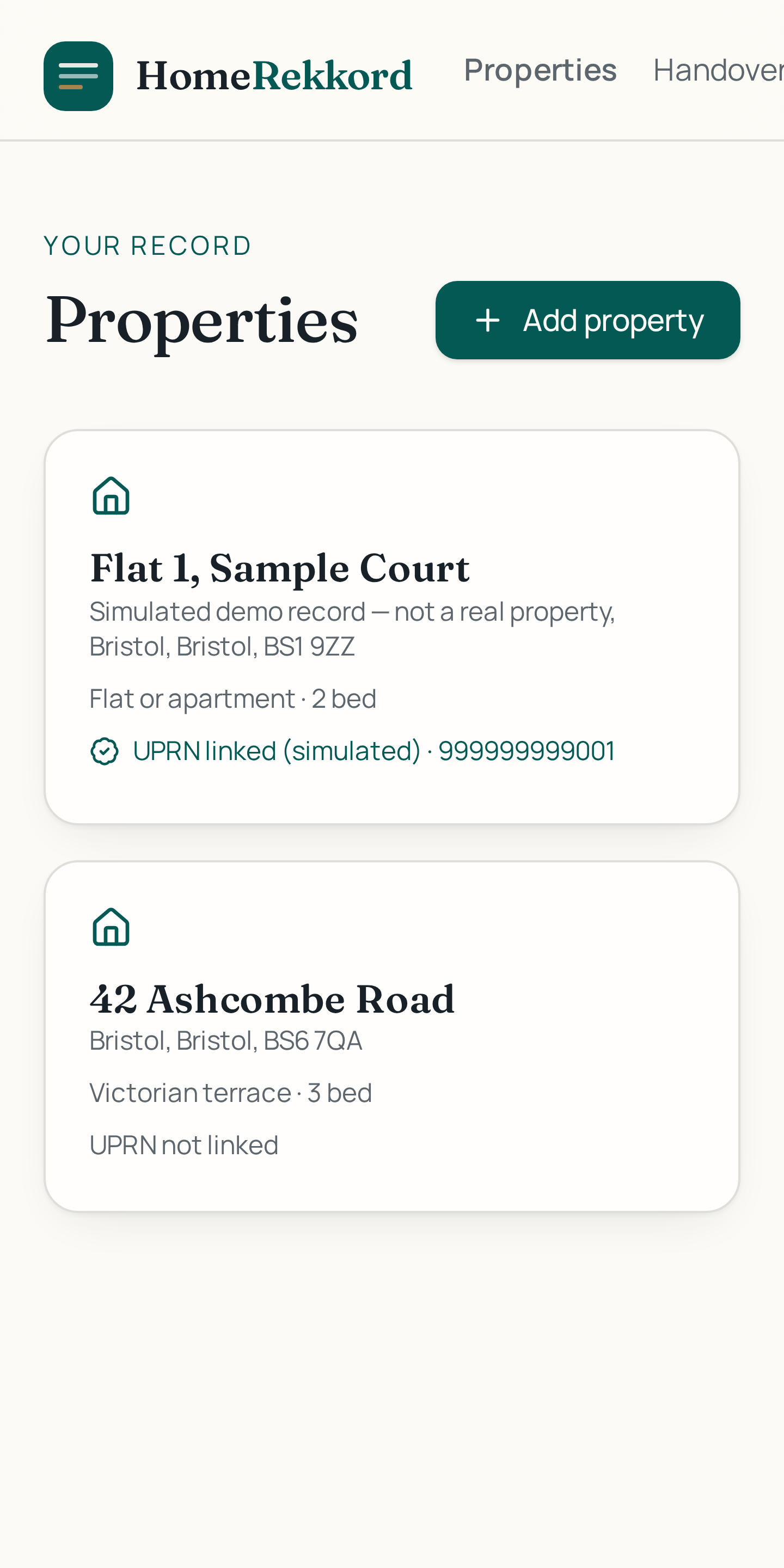 HomeRekkord properties list on a mobile phone