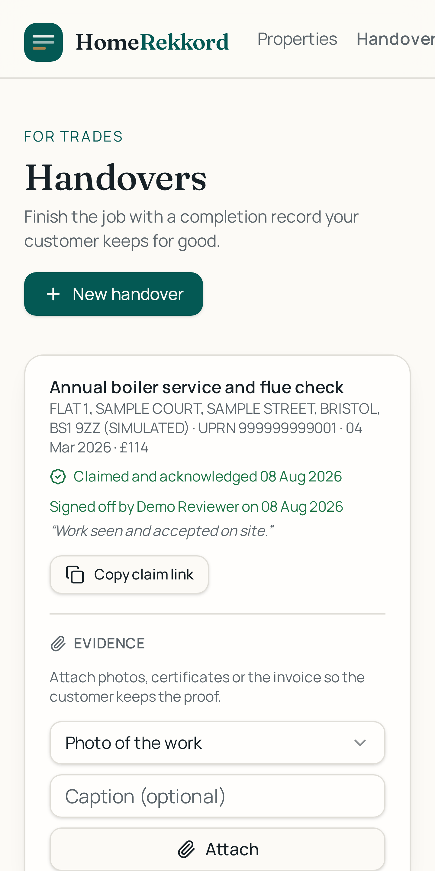 Dated work and evidence in HomeRekkord on a mobile phone