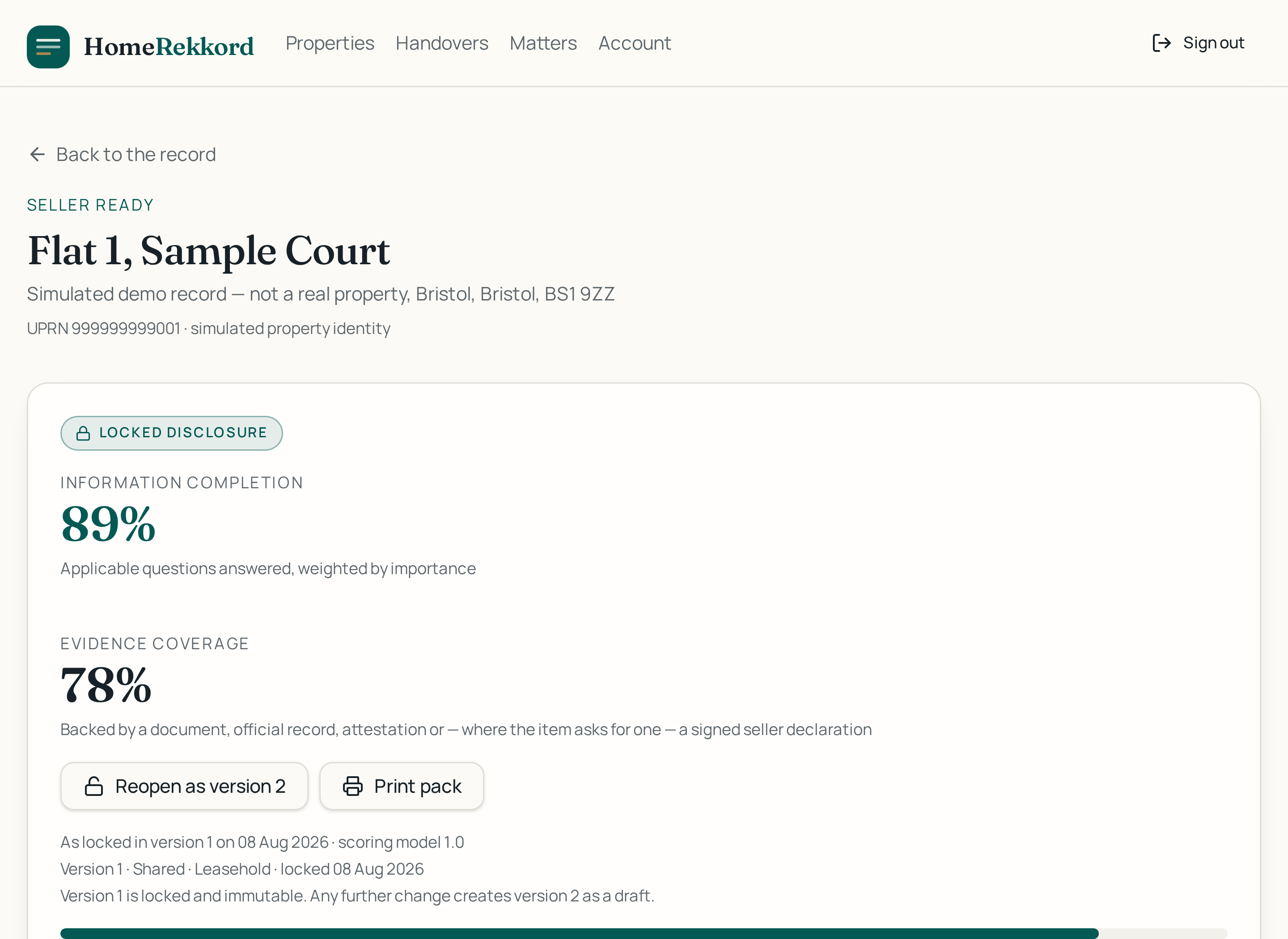 Seller Ready pack showing locked disclosure completion scores and live source context