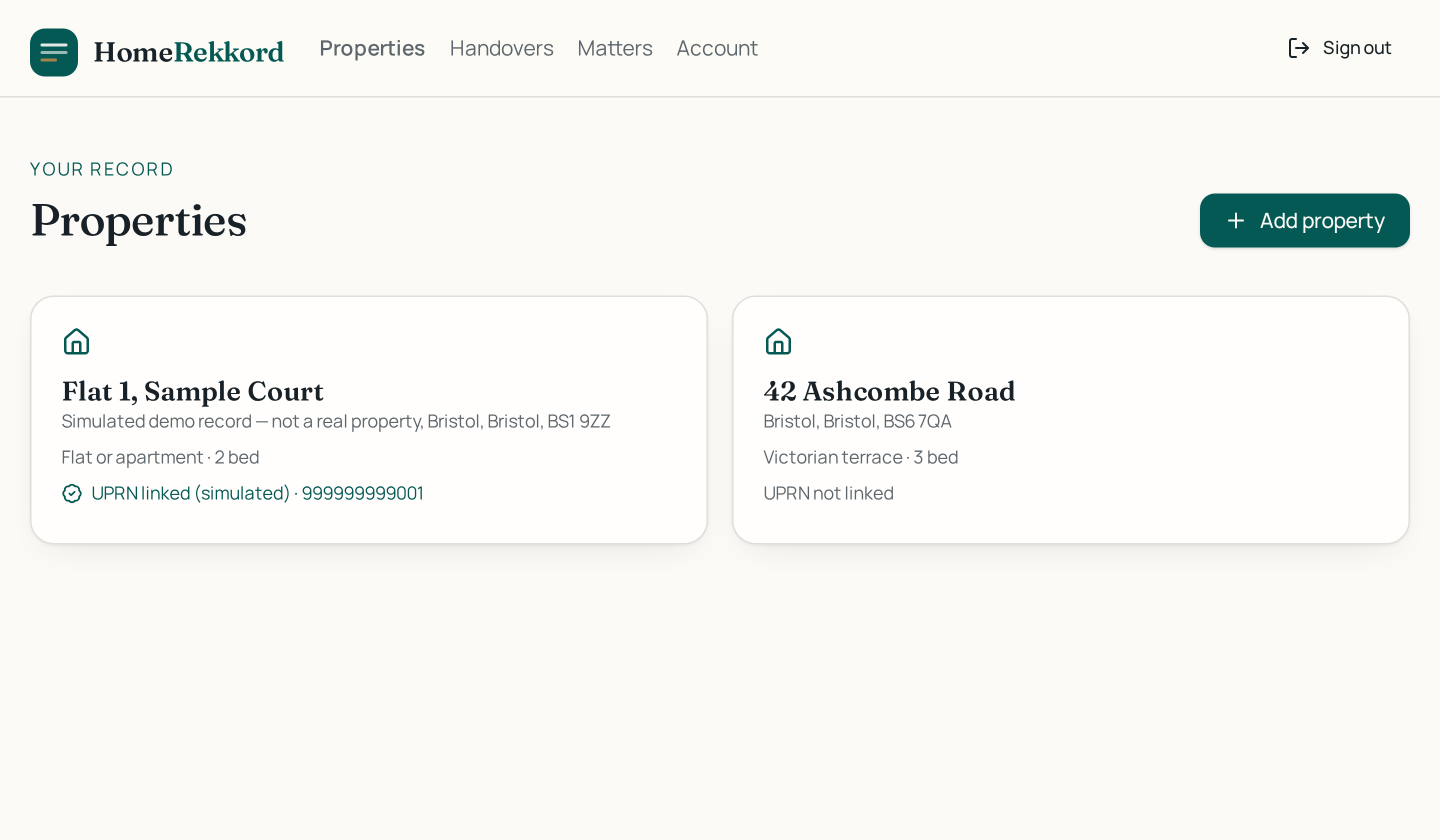 HomeRekkord properties dashboard listing a UPRN-linked property record