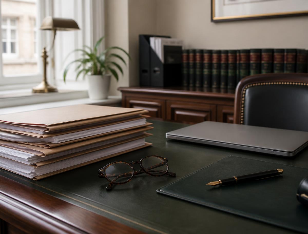 A solicitor's desk with neatly stacked property files