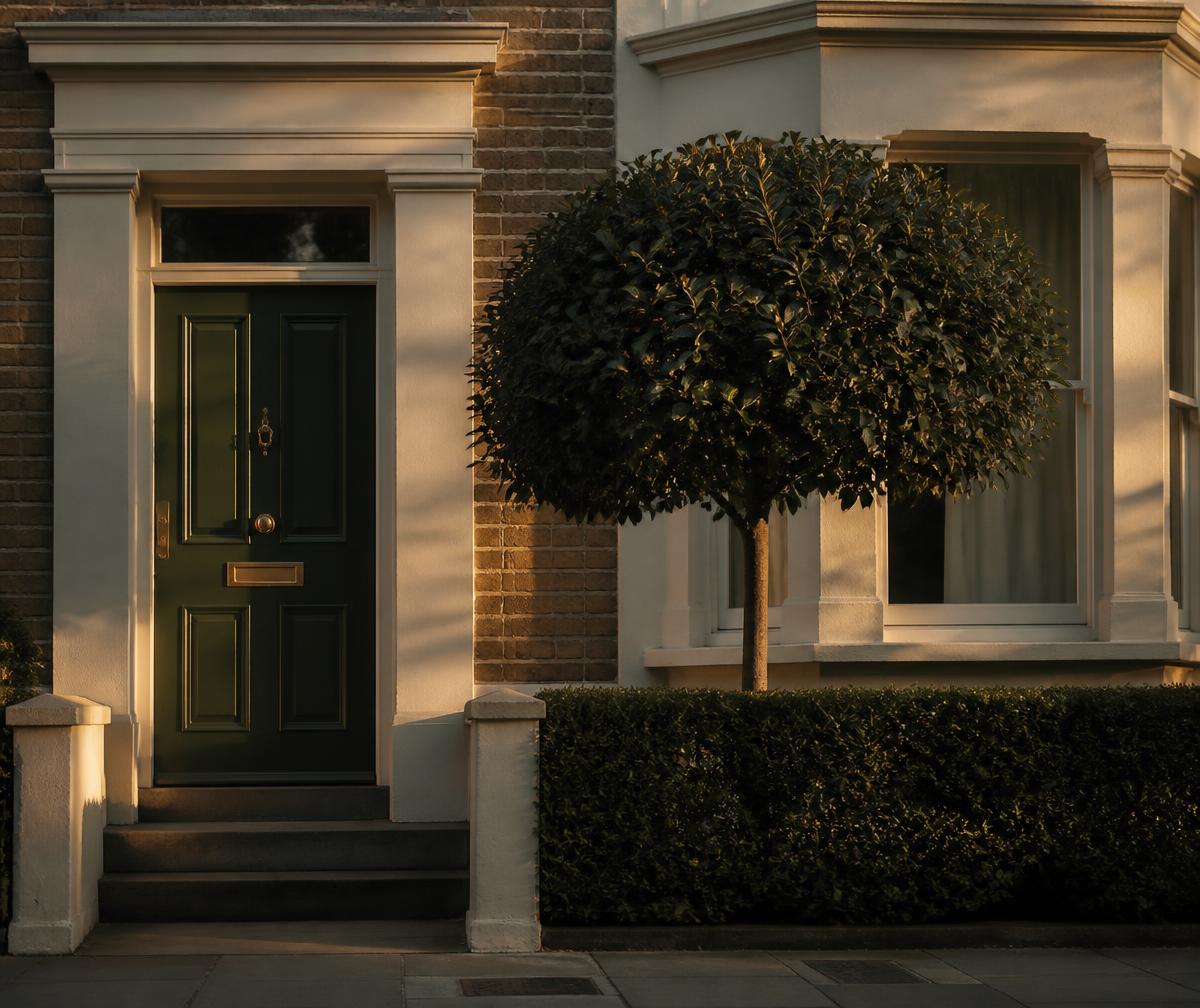Green front door and bay window of a classic British home in golden-hour light