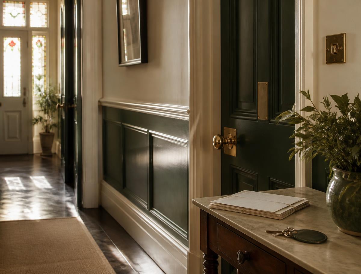 Sunlit hallway of a UK period home with house paperwork and keys on a console table