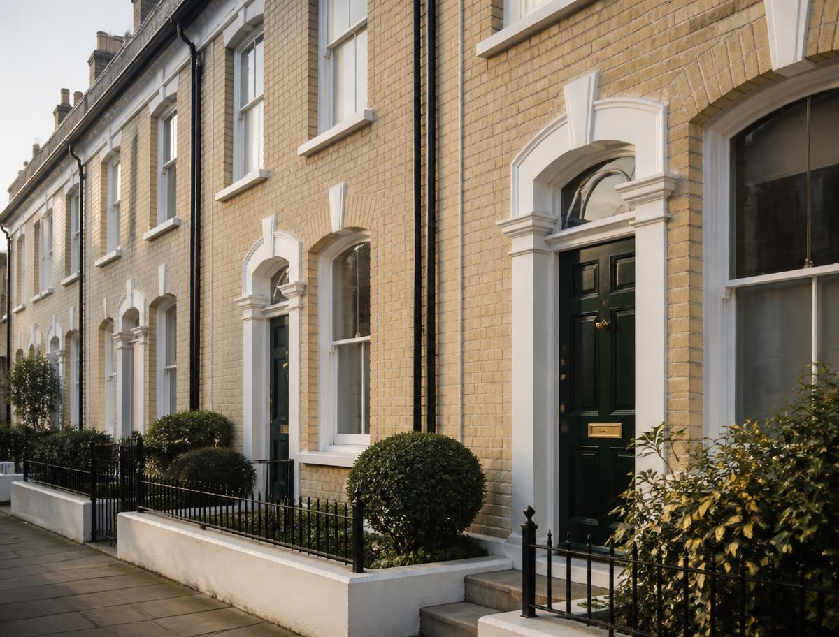 A terrace of UK rental homes in early morning light