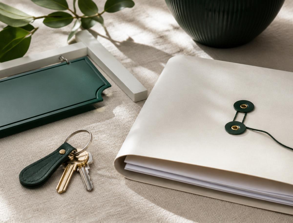 House keys beside a document wallet of home paperwork