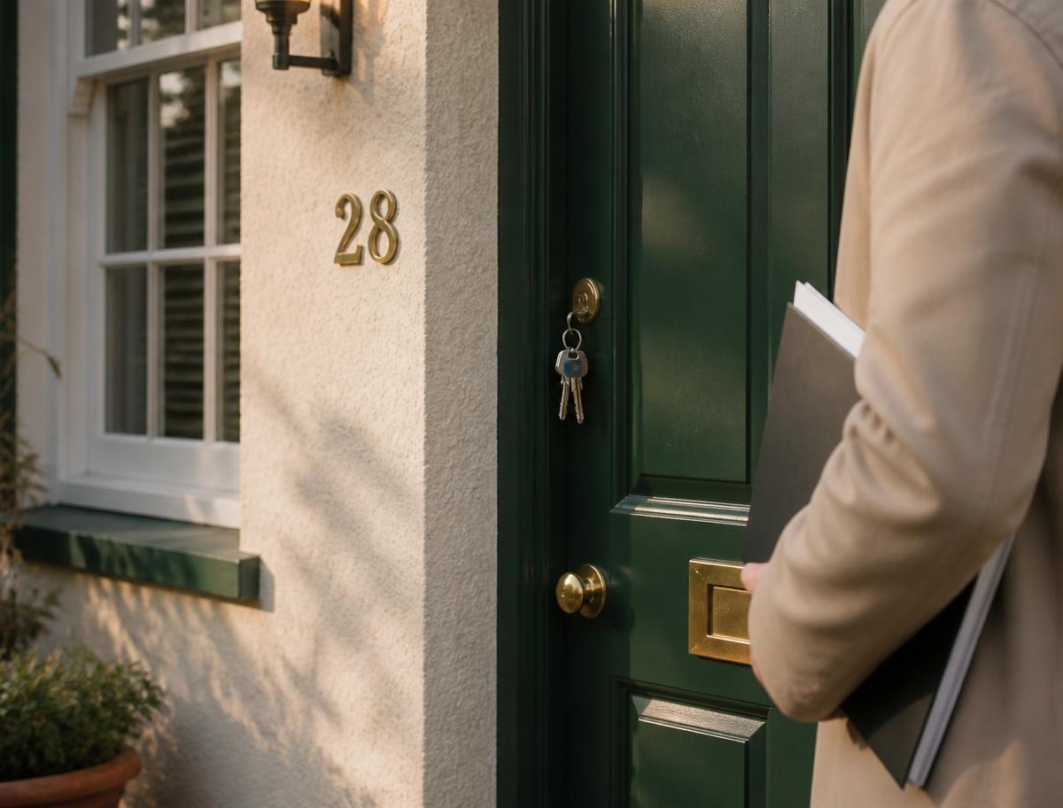 Keys in the front door of a UK home with a folder of property paperwork