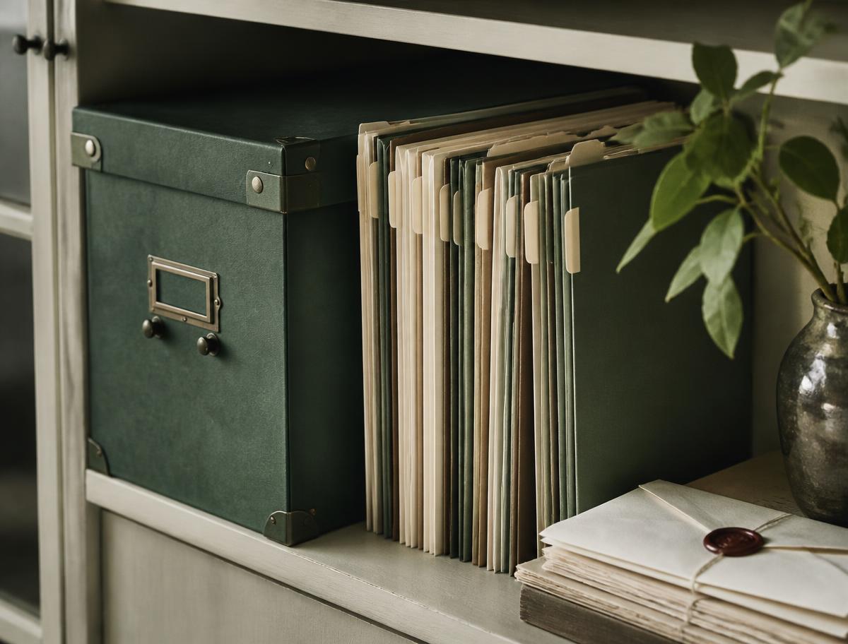 Archive box and indexed folders holding home records